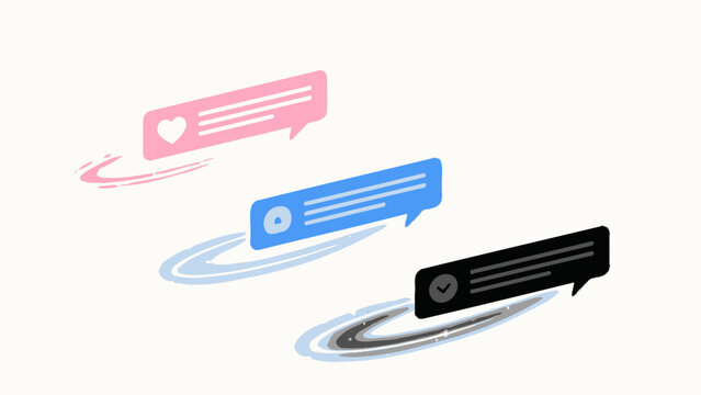 Minimal modern vector illustration of three colored chat message bubbles with status icons, glowing swirling light trails on soft pale off-white background