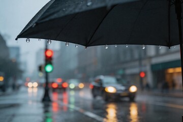 Obraz premium Rainy city street with umbrella and car