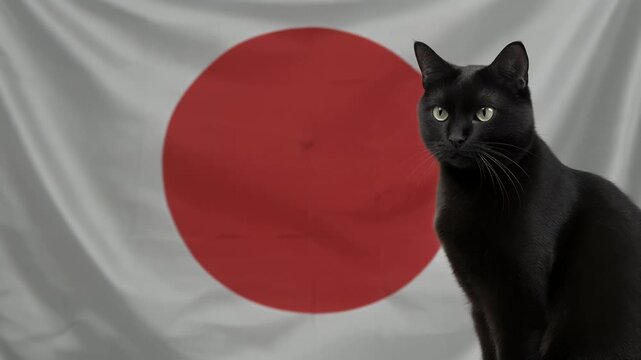 赤い旗を背に凛と佇む黒猫の高級感あるポートレート