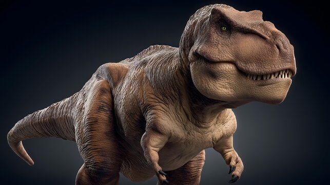 A highly detailed and realistic depiction of a Tyrannosaurus rex, showcasing its powerful build and fierce expression against a dark background.