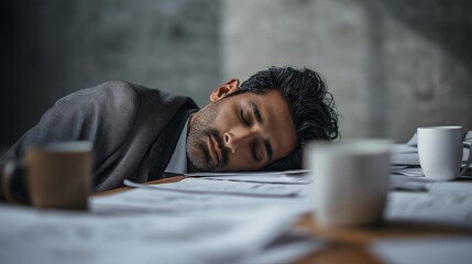 Obraz premium A man appears exhausted and overwhelmed, peacefully sleeping on a cluttered desk filled with papers and coffee cups in a cozy, dimly lit environment.