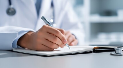 Fototapeta premium A medical professional writes notes in a patient file, showcasing attention to detail and care in a clinical setting for healthcare documentation.
