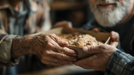 Hands sharing bread together in group gathering. Food charity, community support, humanitarian aid, and social welfare concept.