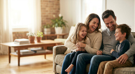 Obraz premium Happy family with children sitting on sofa as parenting and home lifestyle concept 