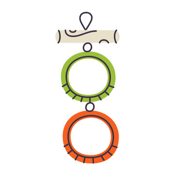 Cute bird swing rings and hanging perch accessory, flat cartoon pet toy for parrots and budgies. Colorful dangling cage decoration and aviary equipment vector illustration