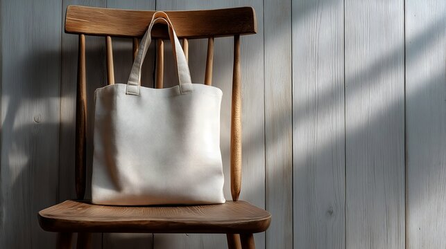 A minimalist white tote bag sitting on a wooden chair, casting soft shadows on the wall, creating a serene and stylish atmosphere in any room.