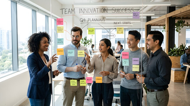 Diverse business team collaborating on q4 planning strategy in modern office