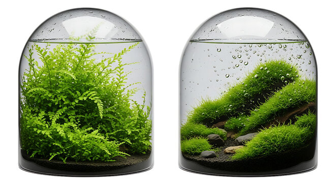 Two small, clear glass terrariums with lush green aquatic plants and moss, showcasing miniature underwater ecosystems.