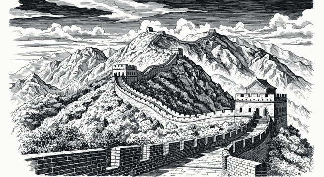 A detailed black and white ink drawing of the Great Wall of China winding through majestic mountains, featuring iconic watchtowers and intricate stone textures.