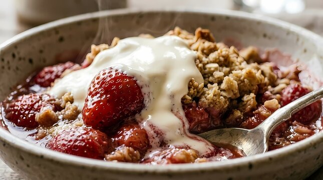Delicious strawberry crumble with yogurt topping.
