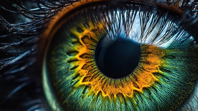 Iris color intensity closeup hazel eye displaying complex golden orange teal variations natural fiber structures corneal texture professional lighting