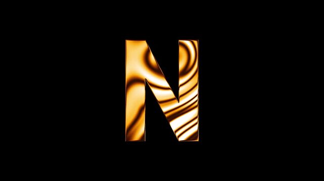 Animation of golden glass curve lines texture alphabet N text design with black background