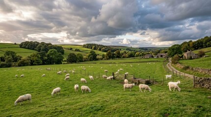 Obraz premium Peaceful Green Meadow Pasture with Sheep Grazing Near Historic Stone Castle Ruins
