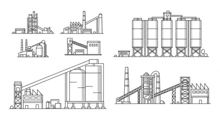 Industrial Silo Structures and Conveyor Systems Line Art Collection. © Selo
