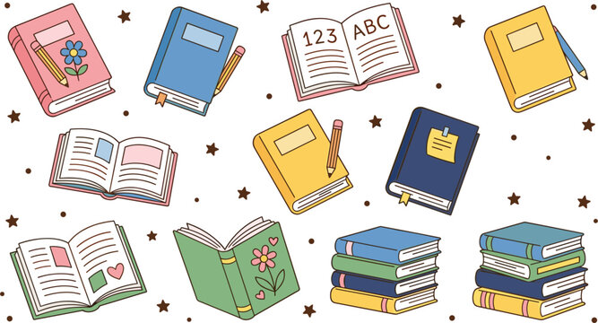 Colorful School Books and Notebooks Vector Illustration Set with Pencils Star Patterns and Educational Symbols for Primary Education Back to School and Kindergarten Learning Graphic Designs