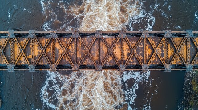 Bridge structural harmony aerial view showing weathered steel truss framework with geometric lattice patterns and riveted connections over ocean waves