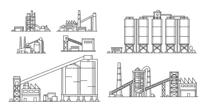 Industrial Silo Structures and Conveyor Systems Line Art Collection.