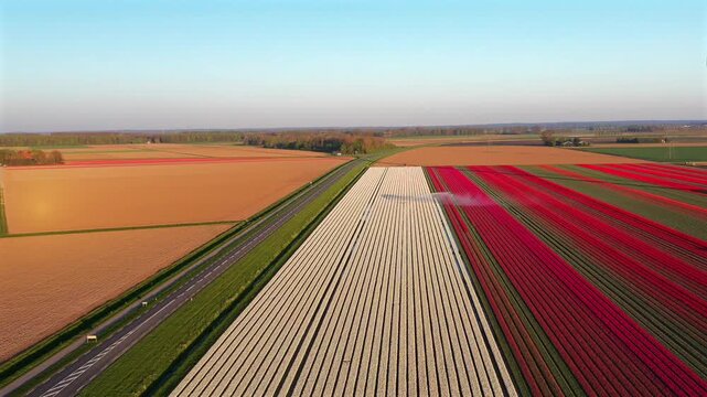 Aerial view of vibrant rows of white and red tulip fields stretching across the landscape in Flevopolder Lelystad, Flevoland, Netherlands.