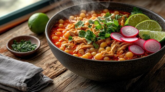 Premium chicken pozole in rustic ceramic bowl with shredded chicken, hominy corn, red broth garnished with fresh cilantro, lime wedges, radish slices