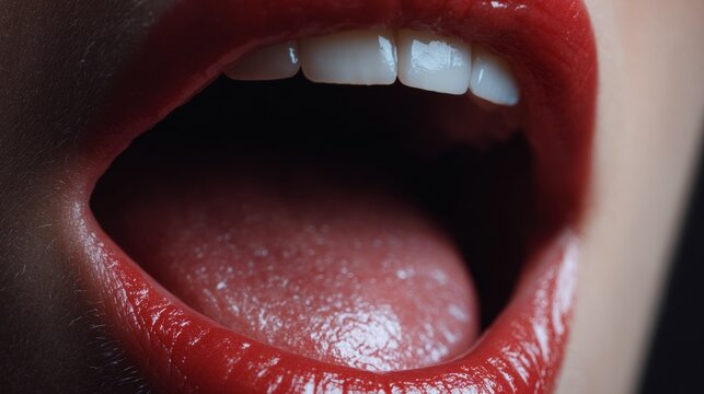 Bright red lips open wide with a visible tongue during a vocal expression near a dark background