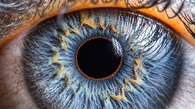 Iris color saturation detailed blue gray eye macro texture patterns fiber structure corneal surface reflections eyelash detail