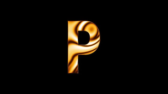 Animation of golden glass curve lines texture alphabet P text design with black background