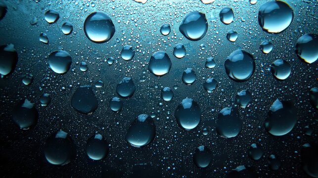 Water beading waxed surface blue gradient macro photography spherical droplets hydrophobic coating demonstration natural pattern studio lighting