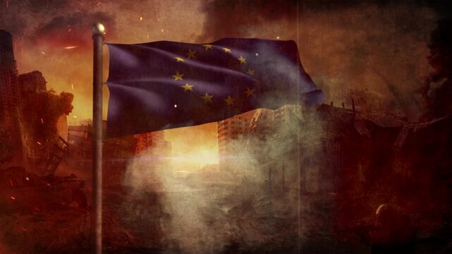European Union Flag with Cinematic Apocalypse Scene and Burning City