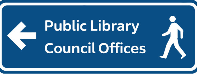 Public, library and council offices direction sign with left arrow and pedestrian symbol for urban navigation, wayfinding and public service guidance vector design. © Sohel