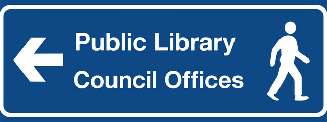 Public, library and council offices direction sign with left arrow and pedestrian symbol for urban navigation, wayfinding and public service guidance vector design. © Sohel