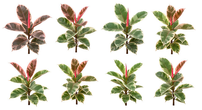 Collection of eight variegated Ficus elastica plants, also known as rubber plants, displayed against a white background.