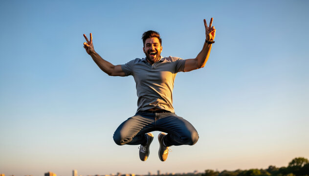 Joyful Leap of Victory: A man joyfully leaps into the air against the backdrop of a serene sky, his arms raised in a gesture of triumph and positivity.