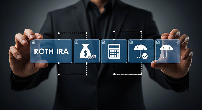 Businessman holding Roth IRA retirement plan and financial savings icons