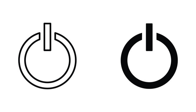 Universal power button symbol vector icon set with clean line art and bold solid black silhouette for digital user interface and electronic device control designs isolated on white background