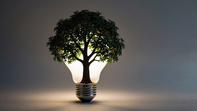 Eco-Innovation: A radiant tree flourishes within a light bulb, symbolizing the symbiotic relationship between nature and innovation, representing eco-friendly ideas.