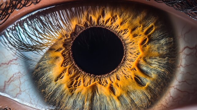 Pupil diameter change extreme macro closeup human eye dilated bright lighting golden amber iris intricate patterns detailed eyelash texture