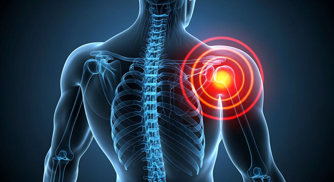 Human skeleton with red pain circles on shoulder joint anatomy 3d render