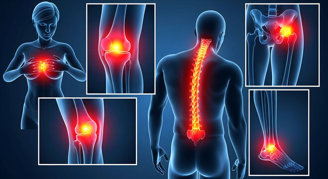 Human anatomy showing joint pain in spine knee hip ankle and chest