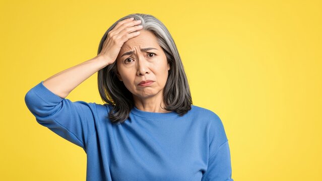 Woman in Deep Worry: An older woman with gray hair, looking at viewer with a worried expression, captures the emotion of deep concern and stress. 