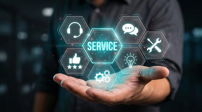 Customer Service: A digital interface representing customer service hovers over an open hand. Depicting the core values of assistance and support.