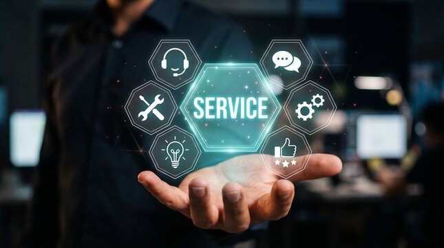 Service at Your Fingertips: A close-up view of a hand offering an array of service-related icons, encapsulating support and assistance, the hand emanates a sense of attentiveness and helpfulness.