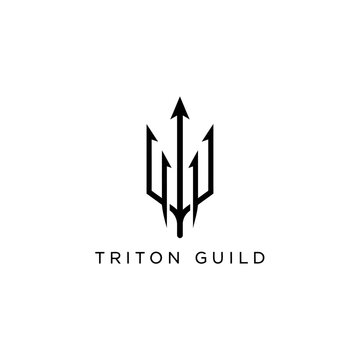 Triton Guild Trident Logo Mark, Minimal Black Nautical Emblem For Business Branding.