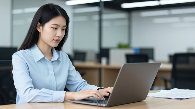 Focused Professional: A dedicated professional immersed in her work, typing diligently on a sleek laptop within a modern office setting. She exemplifies productivity and focus.