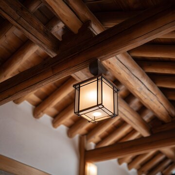 Modern Hanok interior with traditional rafters and contemporary lighting