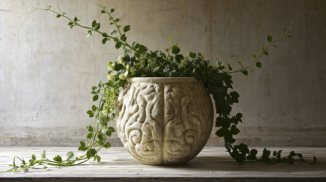 Calm creative green plant growing in ceramic pot with unique brain shape featuring long trailing vine and beautiful nature feeling