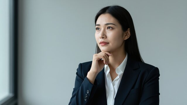 A Moment of Contemplation: An elegant woman, poised in a professional setting, gazes thoughtfully, her expression a mix of focus and introspection.