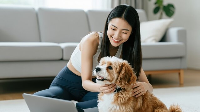 Serene Moment with Pup: A relaxed woman enjoys a serene moment with her furry companion, finding joy in the simple connection while working from home.