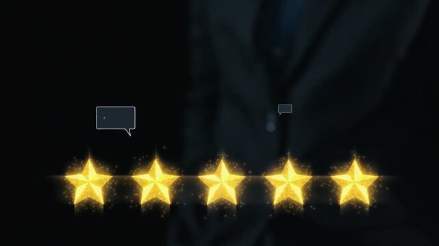 A digital representation featuring five golden stars and speech bubbles, symbolizing customer feedback and ratings. Ideal for marketing and service evaluation projects. Qubit