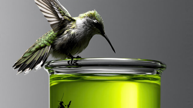 Curious tiny hummingbird hovering above glass beaker filled with bright green liquid, showing fascinated nature exploring science