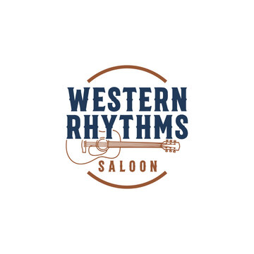 Western Rhythms Saloon Vintage Music Logo With Acoustic Guitar Emblem.
